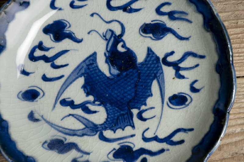 皿□支那染付鯉紋 清時代中期 飾り皿 魚皿 古玩 唐物 中国 時代物 骨董品□