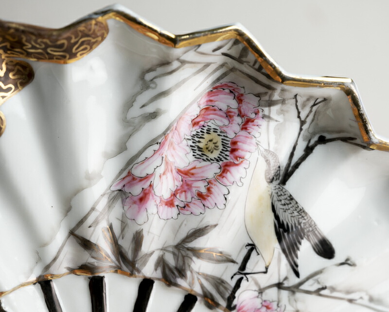 楽天市場】骨董○九谷金彩花鳥文扇型皿○ | 明治時代-19世紀頃 | 磁器