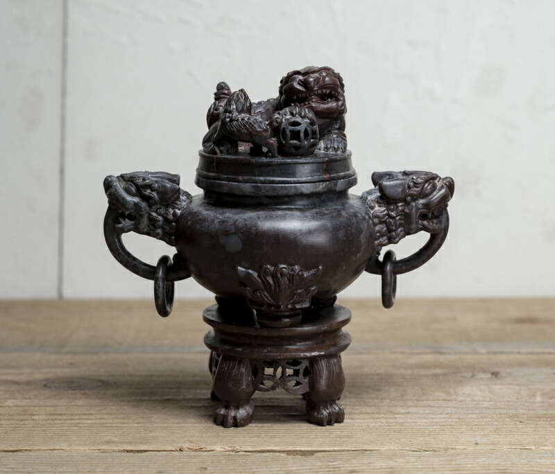 古銅 向獅子香炉 古紋様の彫刻 古美術品 仏具 アンティーク インテリア