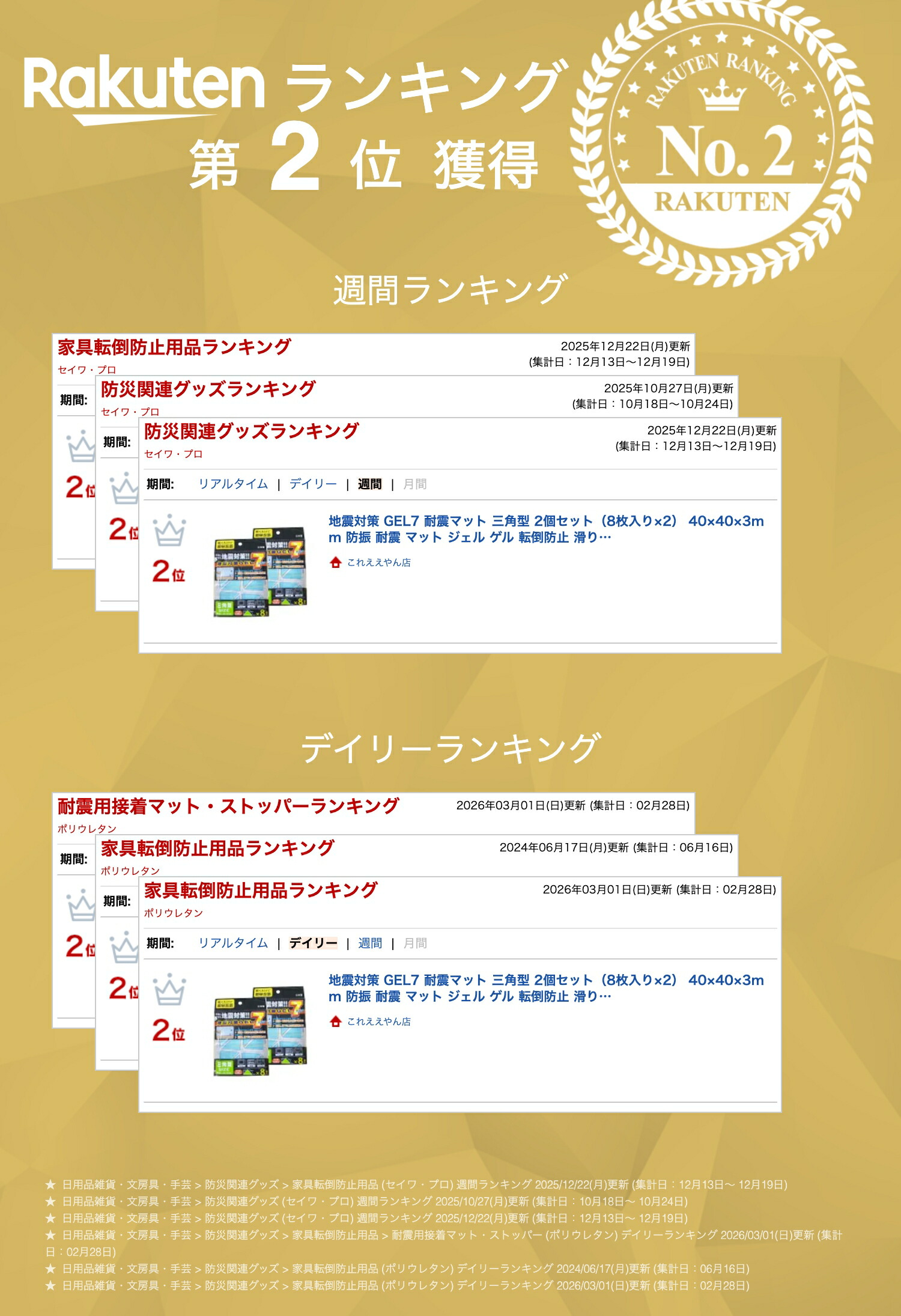 楽天市場】地震対策 GEL7 耐震マット 三角型 2個セット（8枚入り×2