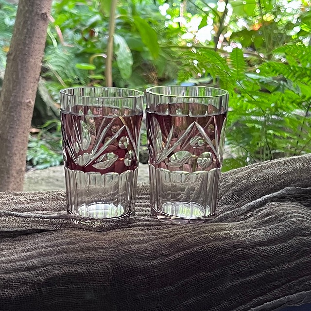 アンティーク 赤色被 切子 ガラス 器 台 トロ 大正-昭和(BB461) 金継ぎ