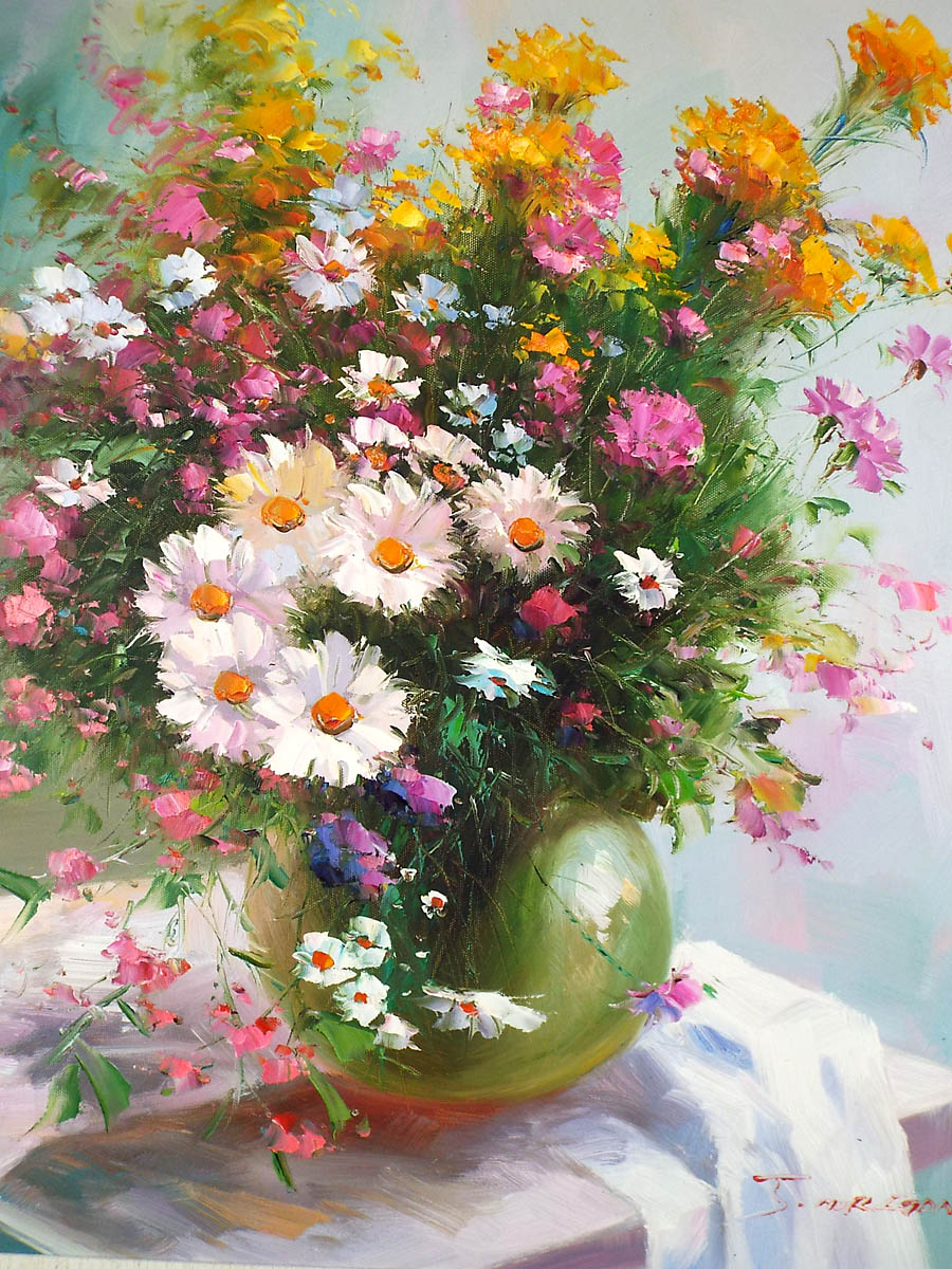 木製ジェッソパネル油絵 専用 白い花瓶に入れたお花 木製ジェッソ