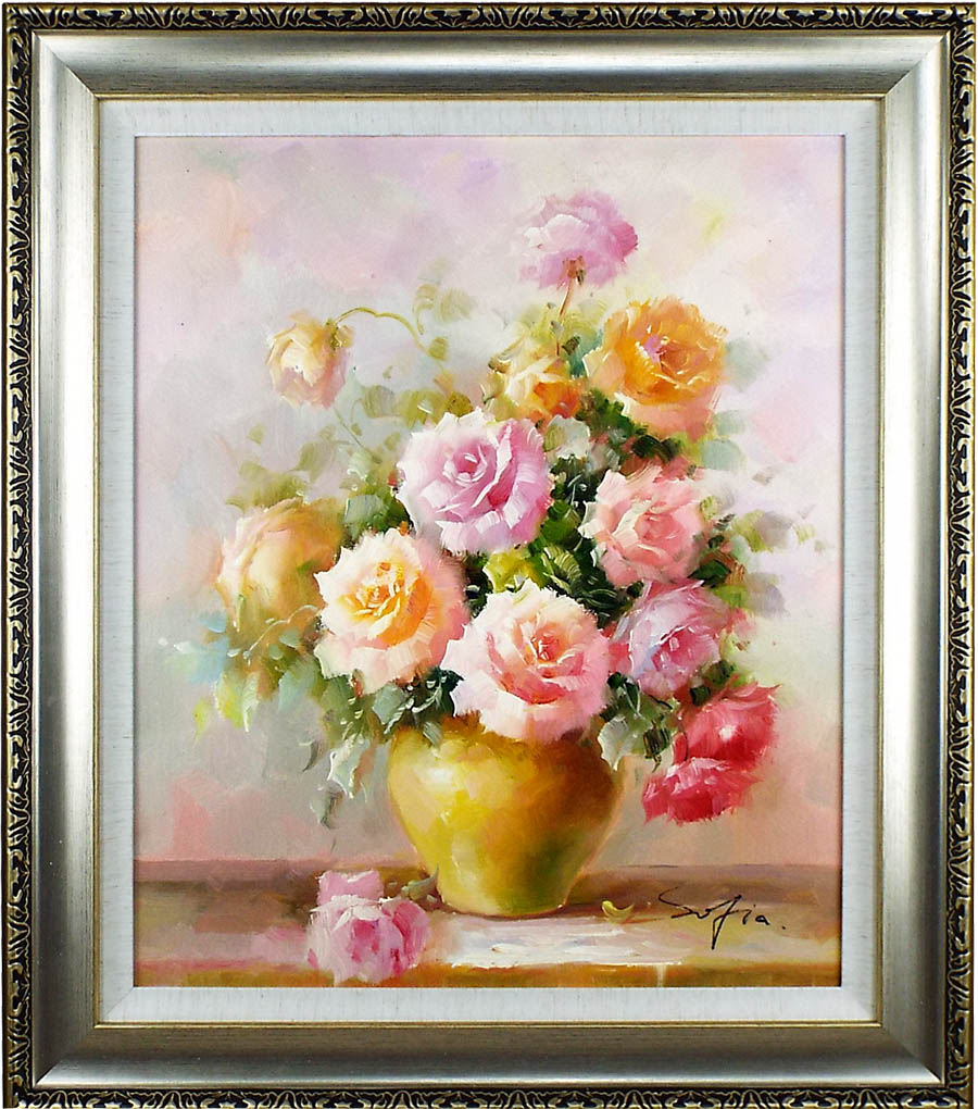 薔薇花瓶 油彩画 装飾フレーム付き 画家 HaRu 花 薔薇 ばら バラ 花瓶