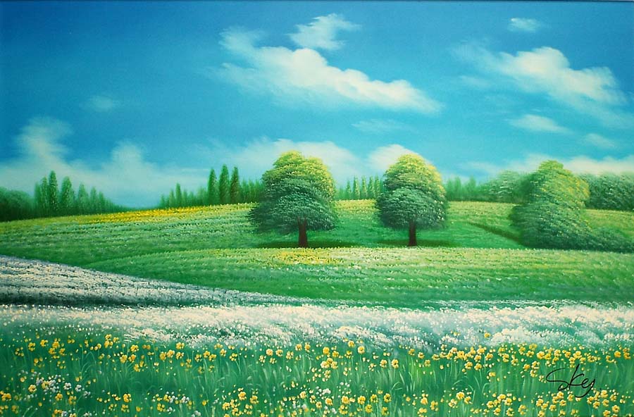 絵画インテリア絵 額付( 青緑＋金色の枠 )油絵 F4-080111 風景草原