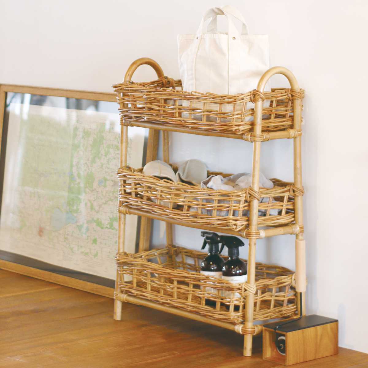 台湾製 ラタン バスケットラック 収納 キャスター付き 3段