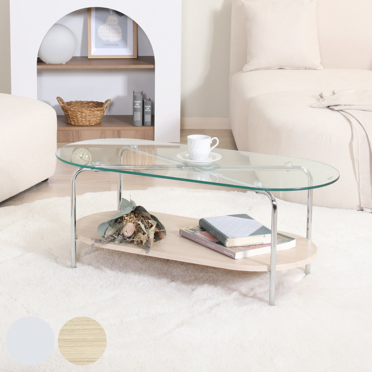 ガラス センターテーブル、丸 、リビング 円形 おしゃれ、コーヒー