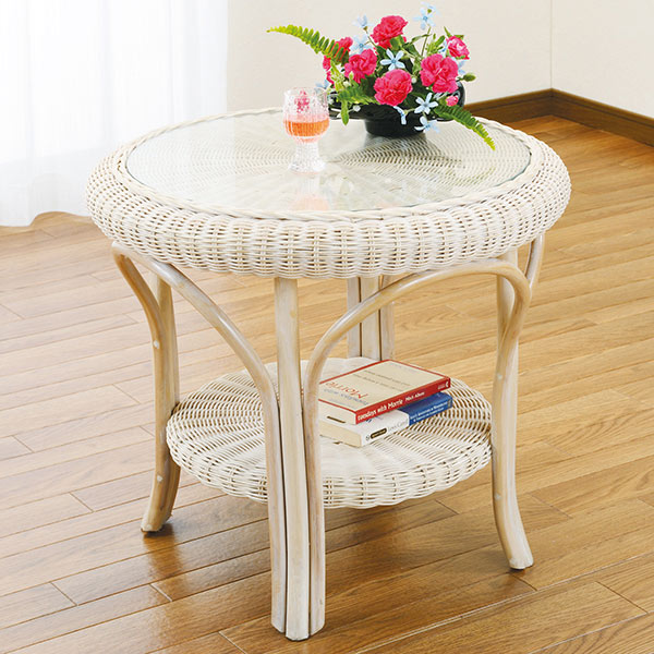 楽天市場】ラタンテーブル 円型 ガラス天板 棚付 籐家具 直径60cm