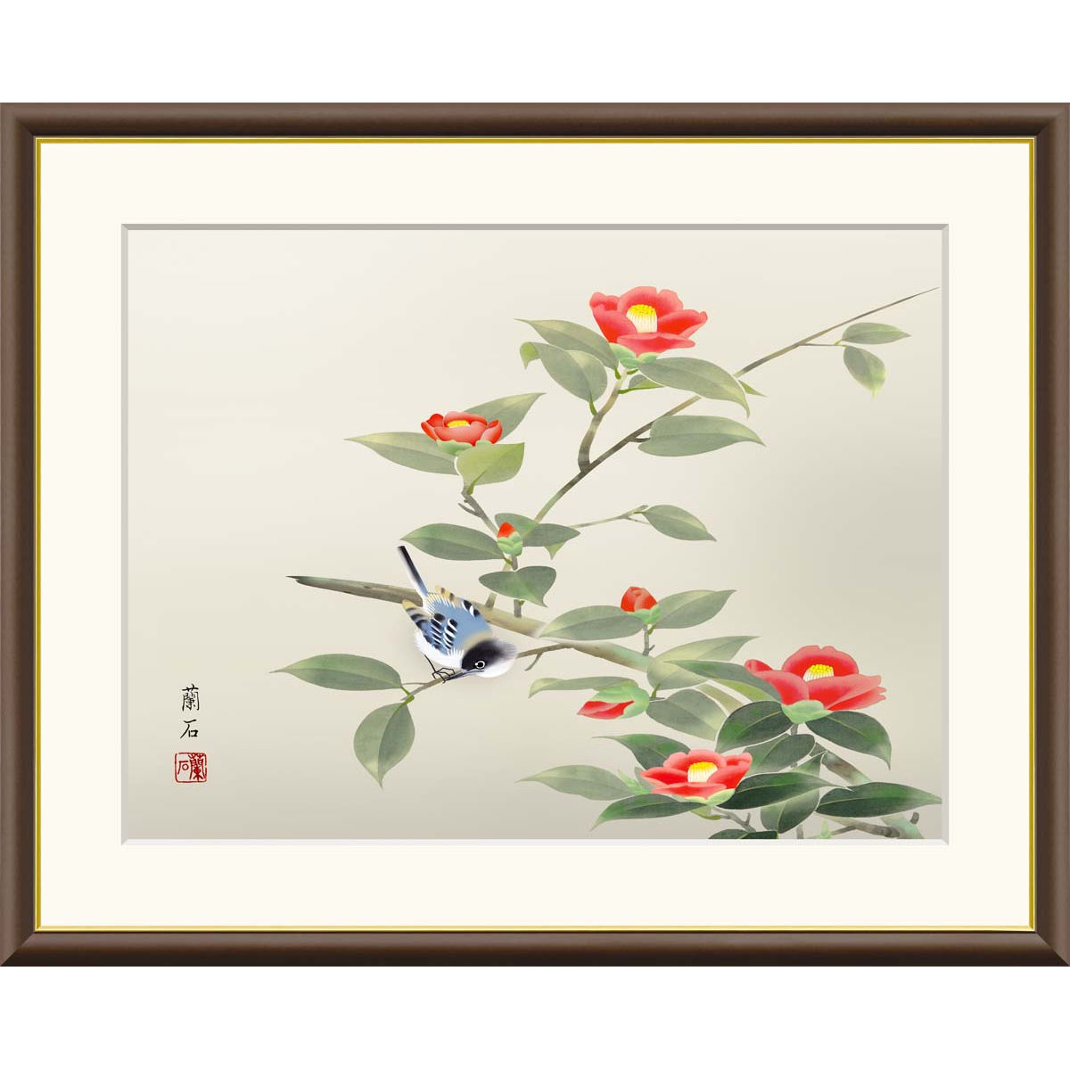 楽天市場】絵画 現代日本画 花鳥画 冬飾り 椿に小鳥 高見蘭石 額入り