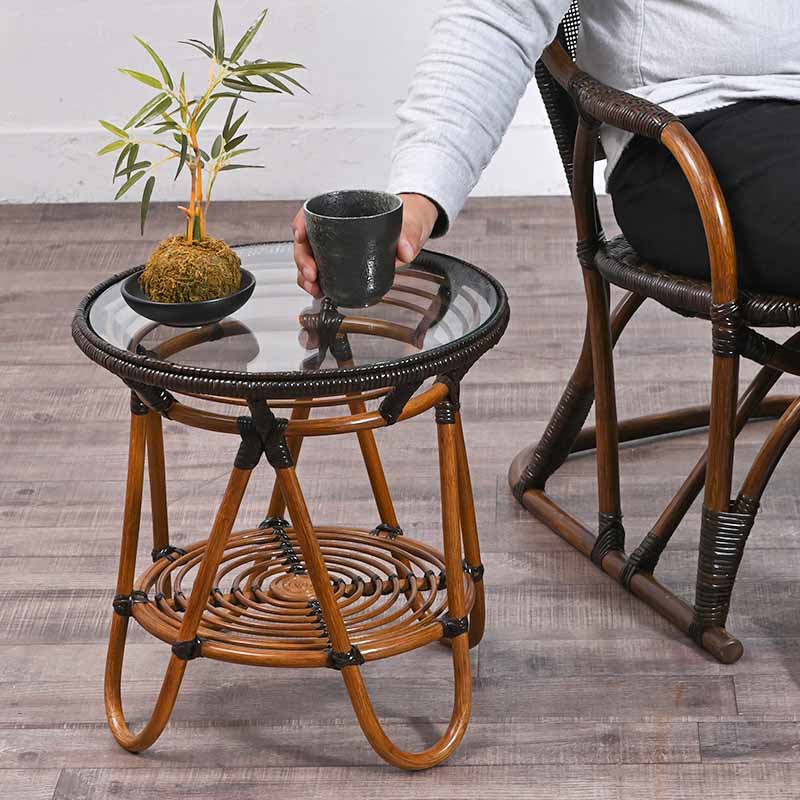 ラタン ガラストップ座卓 約89cm 籐の座卓