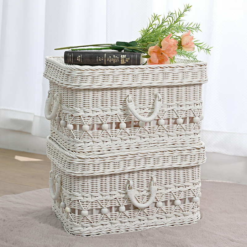 花柄バスケット付き収納ラック 4段 ホワイト 籐ラタン チェスト 北欧