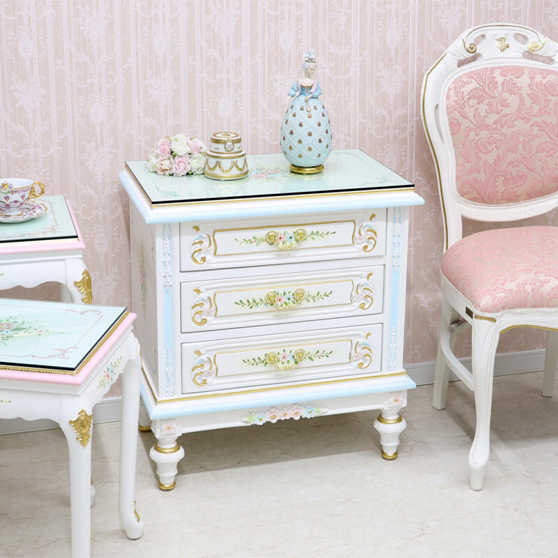 白家具☆サイドテーブル☆サイドチェスト☆ナイトテーブル☆薔薇飾り