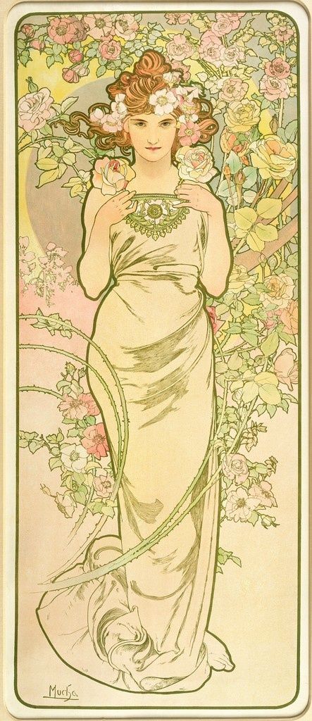 Y【中古品】アルフォンス・ミュシャ バラ ローズ 薔薇 額縁 模写