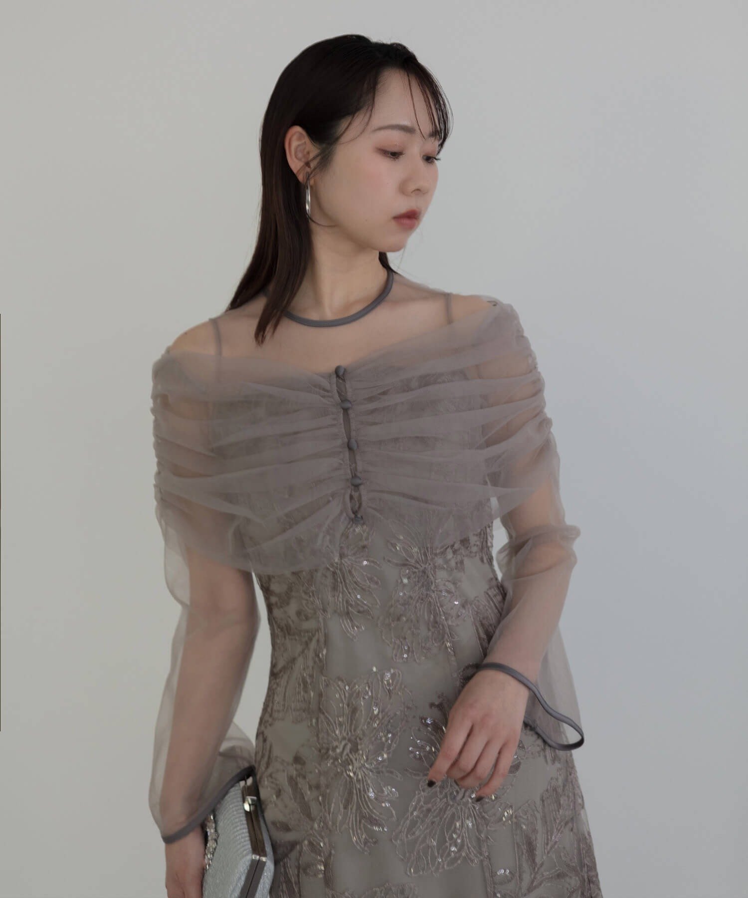 Leja｜LEJA-チュールオフショルダー花柄Iラインワンピースドレス 結婚