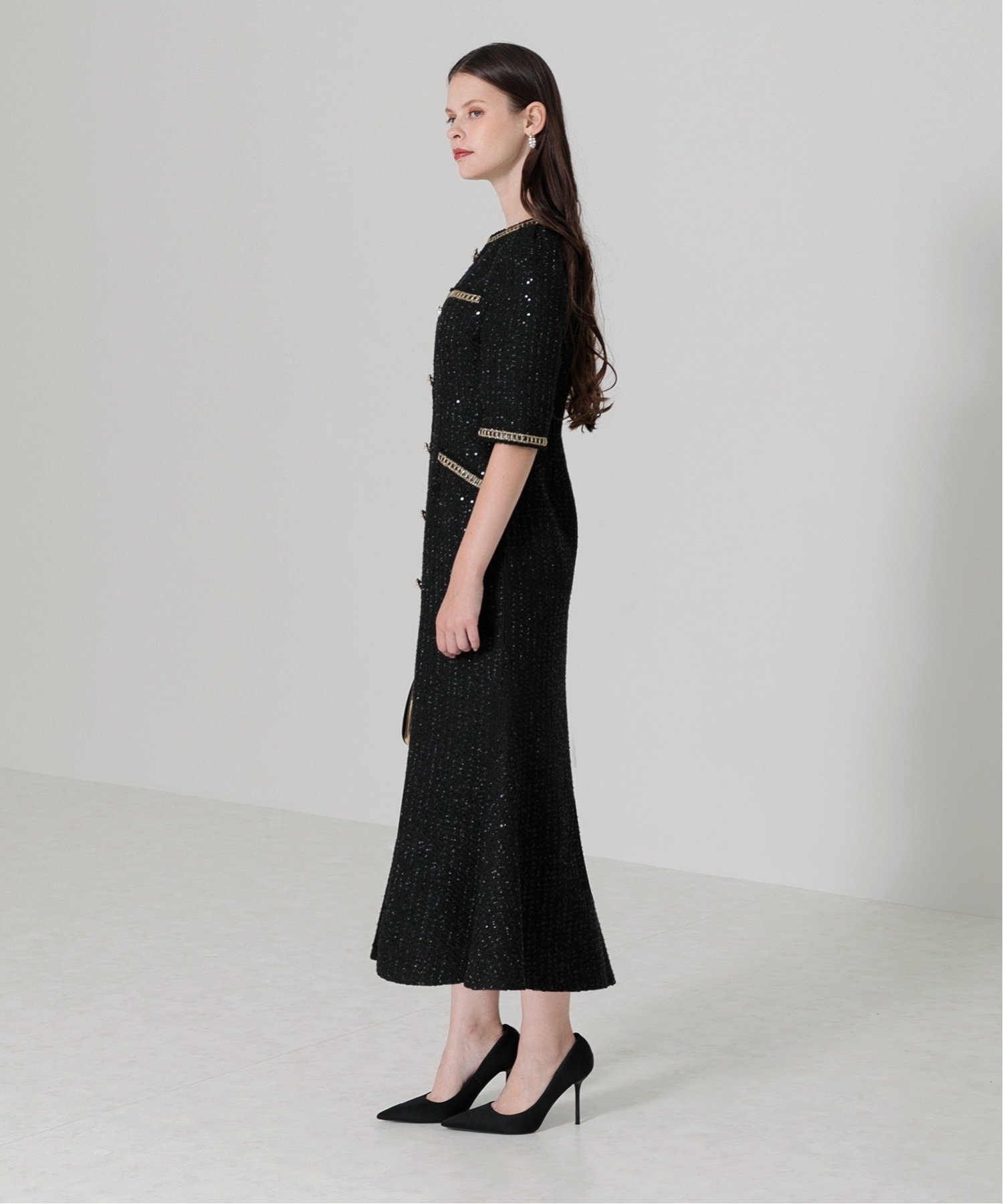 Leja｜LEJA/ラメ混ツイードパール釦スパンコール刺繍ワンピースドレス