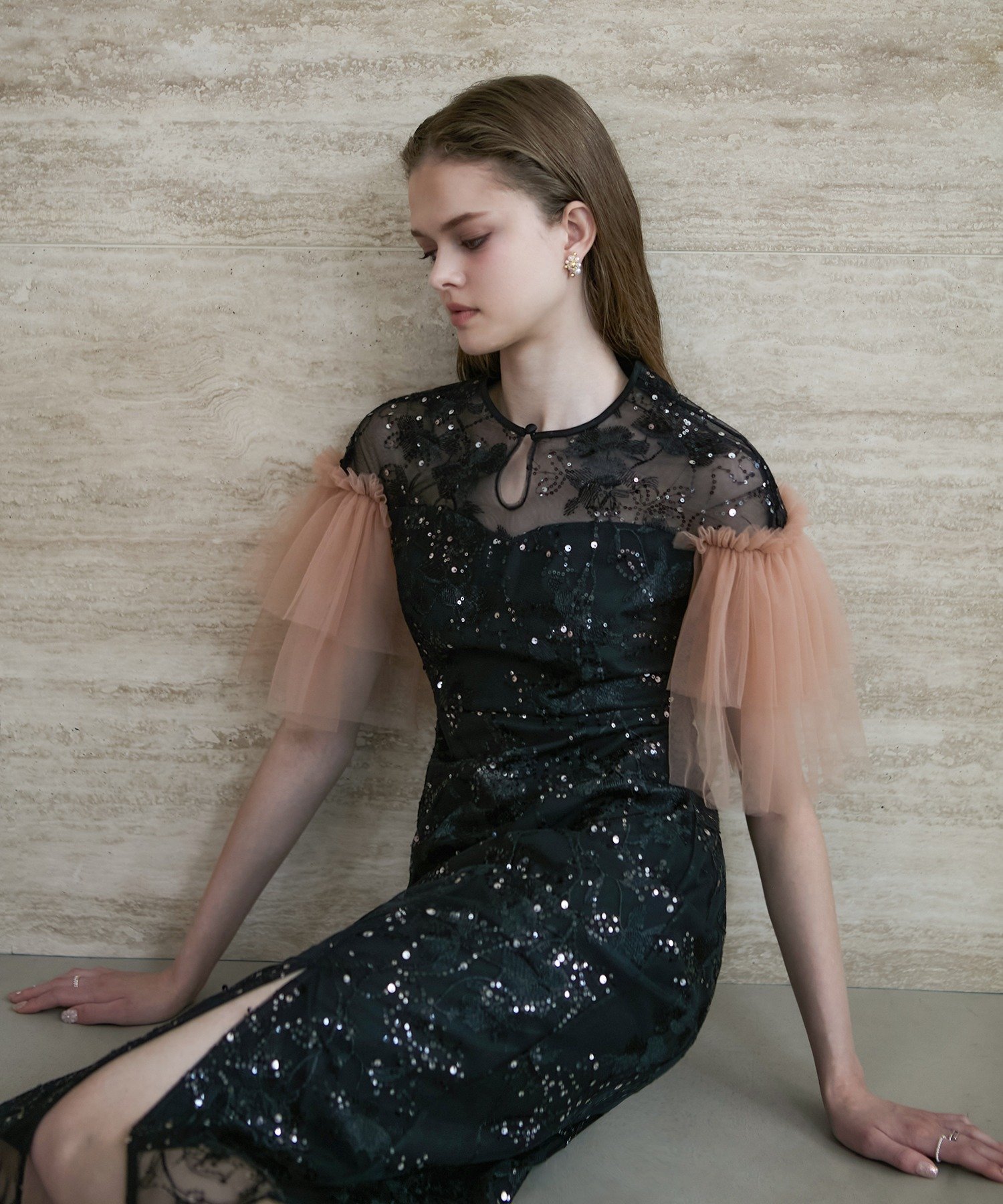 LEJA レースラメスリットロングワンピースドレス LEJA レースラメ