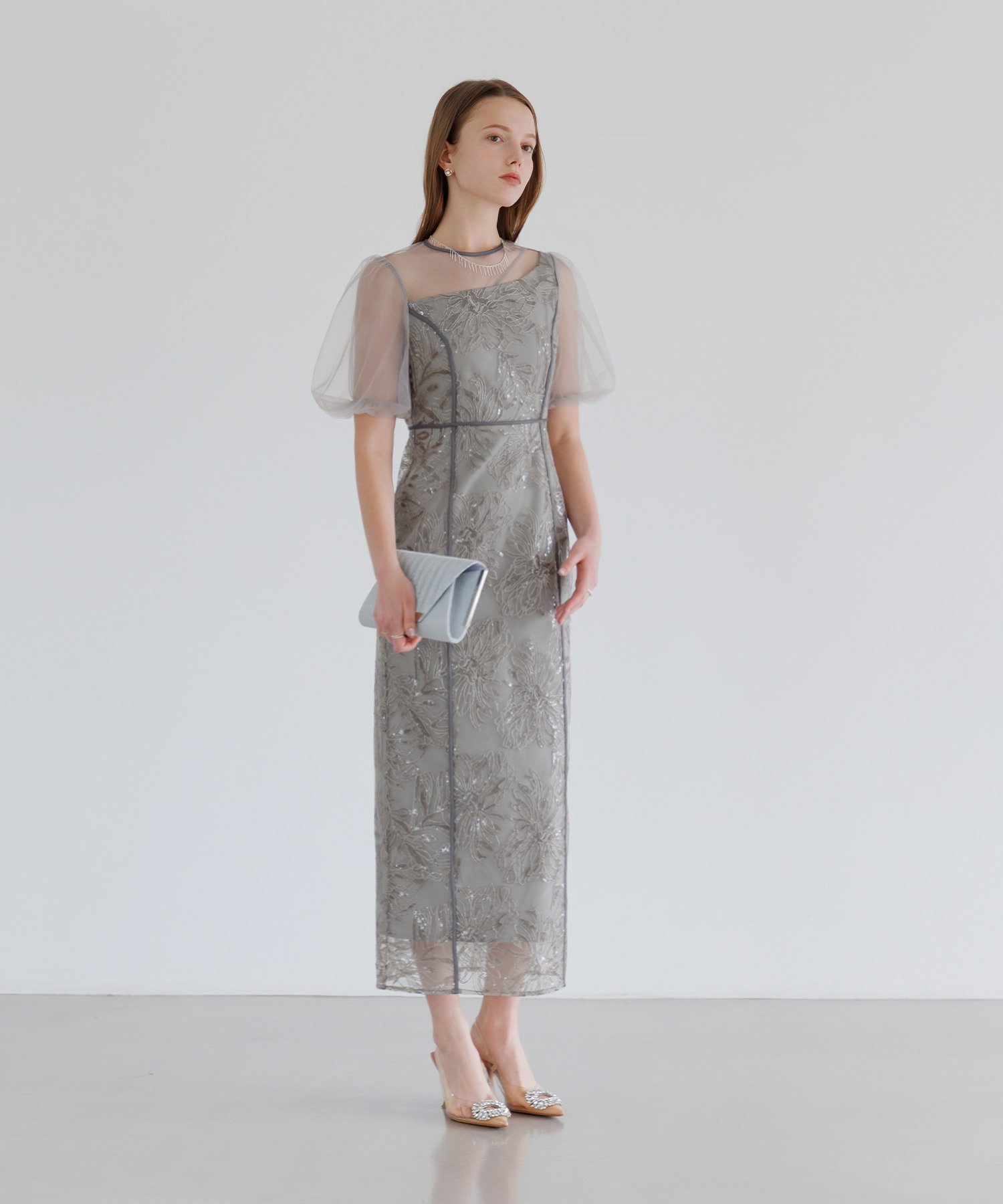 Leja｜LEJA-アシンメトリーシアー花柄ワンピースドレス 結婚式