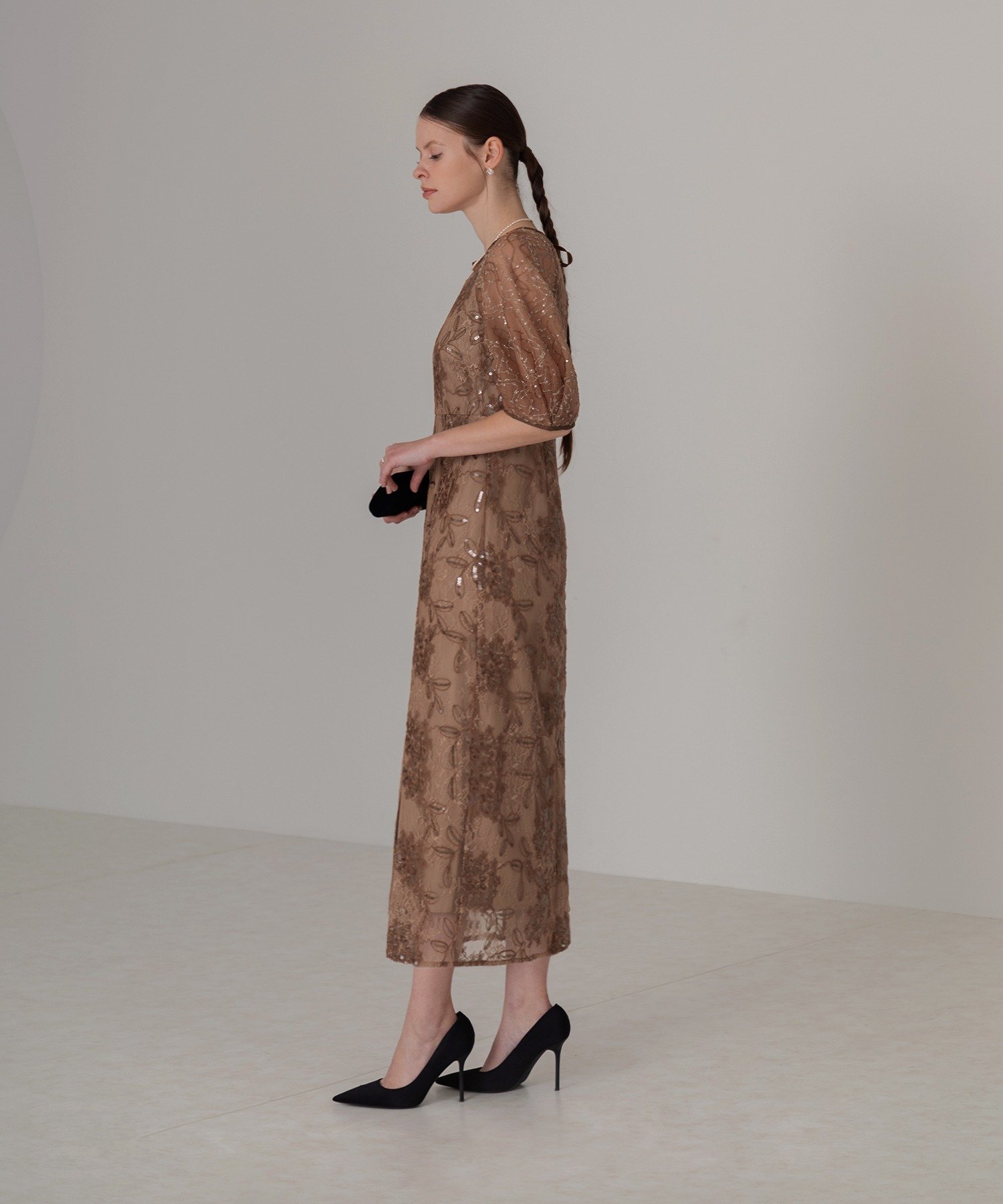 Leja｜LEJA-スパンコール花柄レースIラインワンピースドレス 結婚式