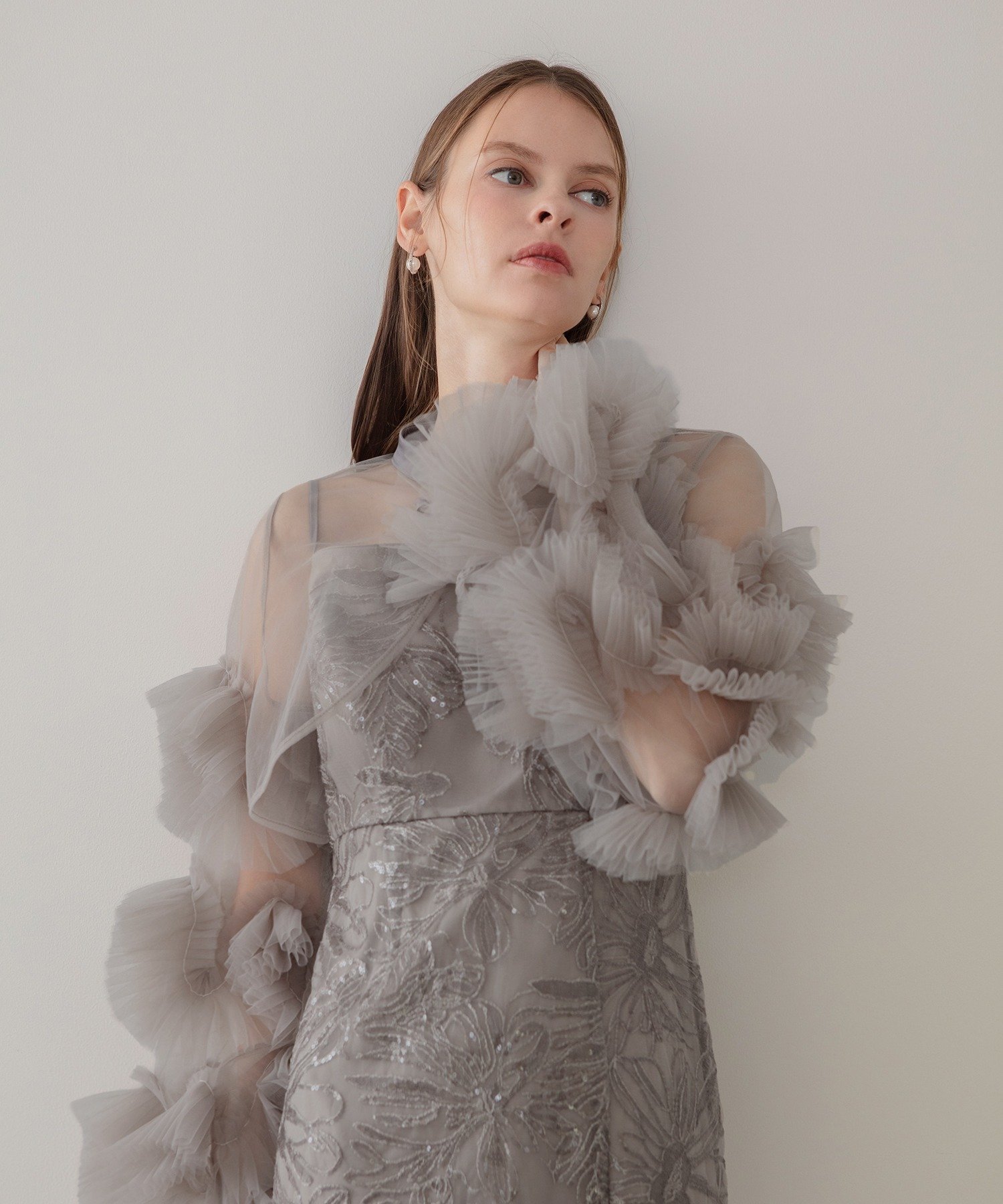 Leja｜Leja-フリルチュールスリーブリボンIラインワンピースドレス結婚