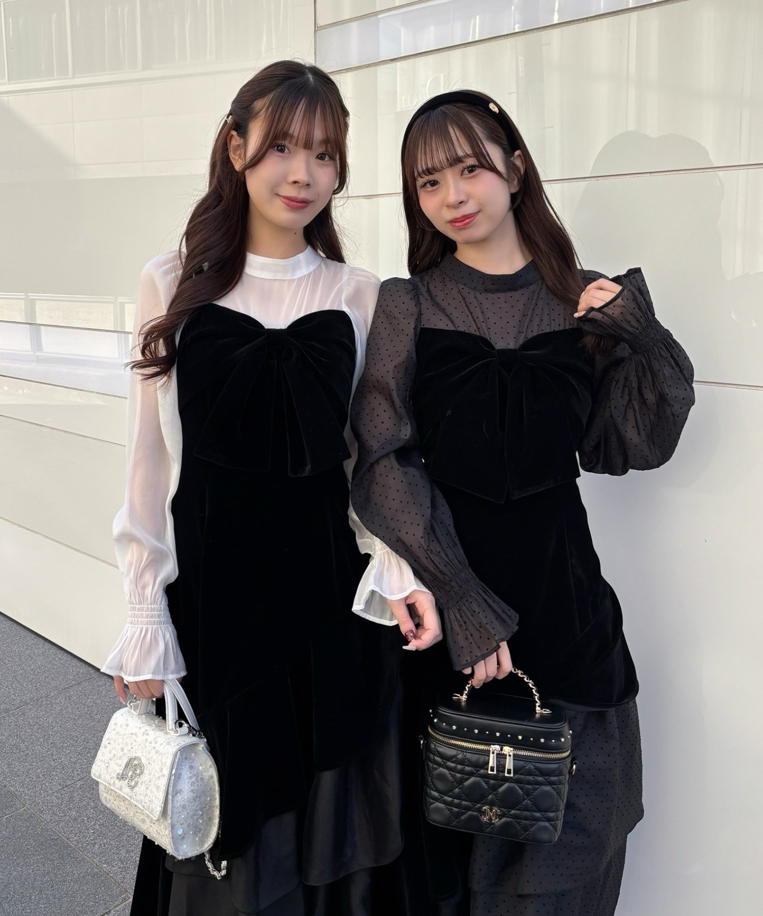 one after another NICE CLAUP｜ベロアリボン異素材ロングワンピース