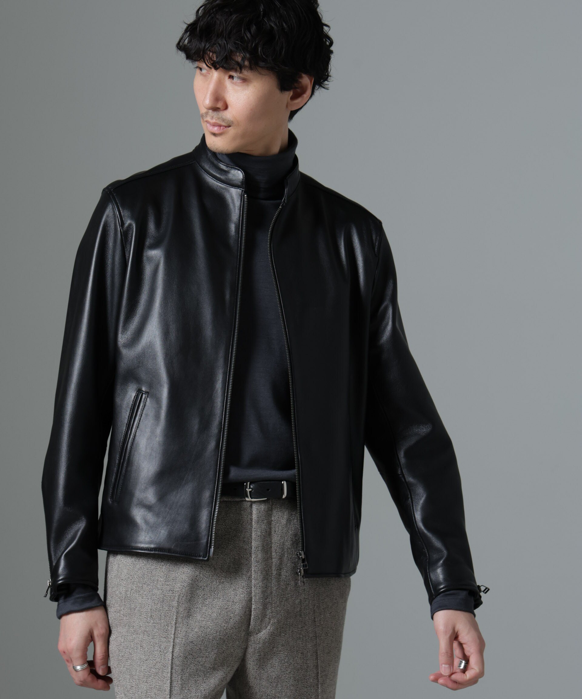ナノユニバース メンズ シングルライダースジャケット ラムレザー