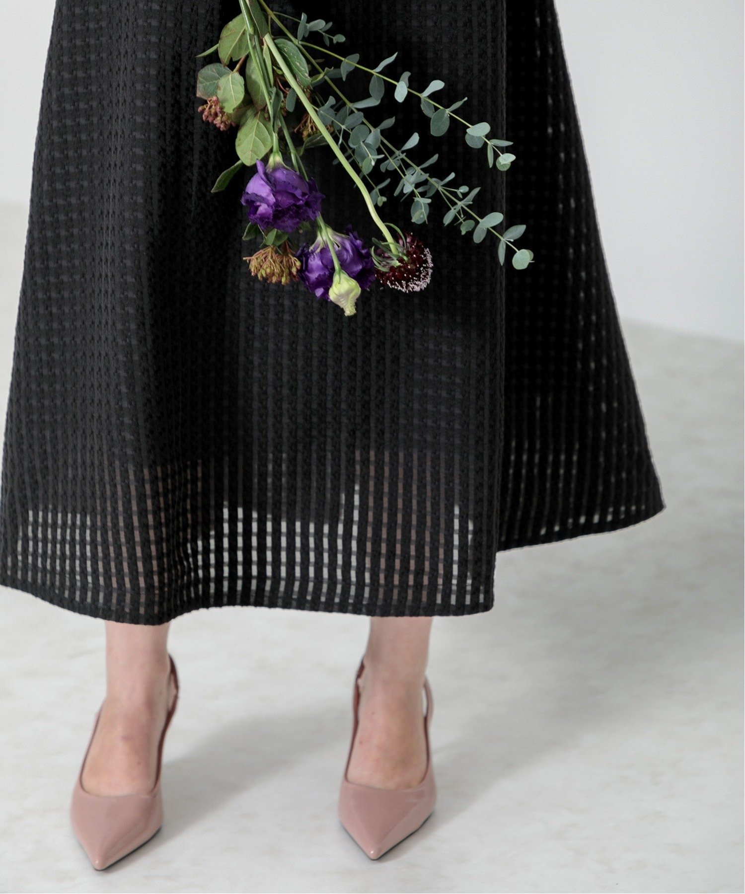 LEJA】ビスチェ風切り替えプチハイネック花柄シアーレースワッフル生地