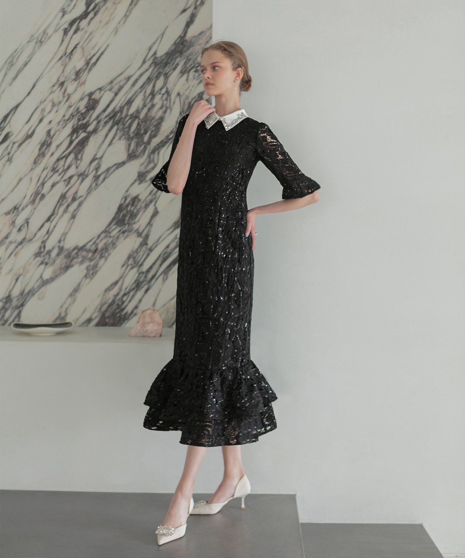 Leja｜Leja-ビジューカラーフラワーフリルマーメイドワンピースドレス