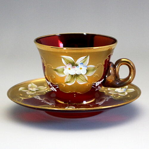 ベネチアングラス赤と金の花柄ティーセット