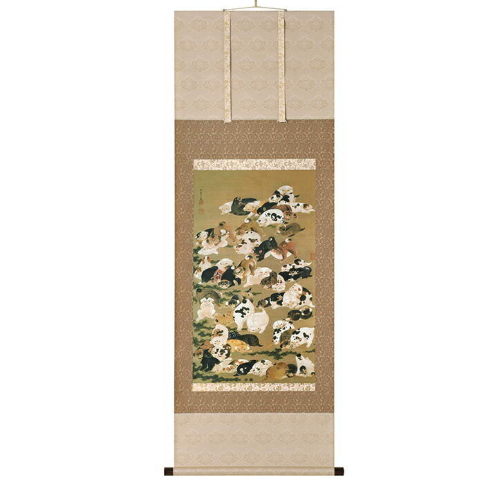 掛軸】動物図「犬」郎世寧風 三尺中堂／紙本表装済み 174×77cm 掛軸