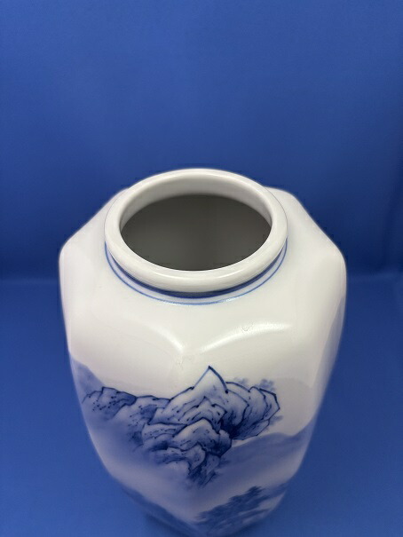 治】時代和陶 染付山水風景紋花瓶☆幅31.5cm 重さ