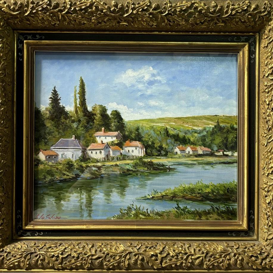 旭日青松」 下島洋貫 絵画 日本画 風景画 額装 共シール 箱袋有り 旭日