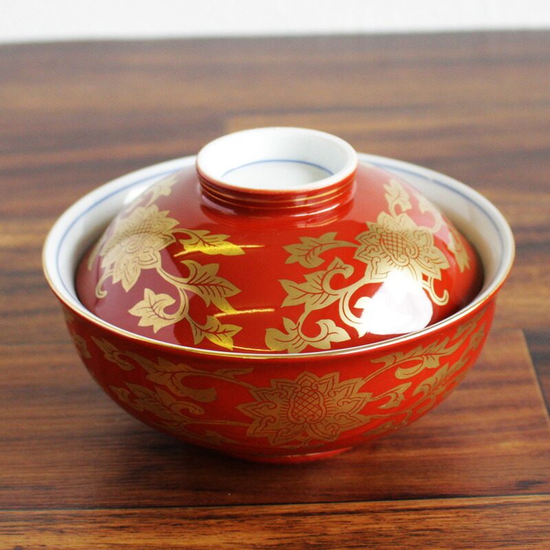 k2f8 朱色 牡丹 蓋付き椀 10客 金色装飾 年代物 k2f8 朱色 牡丹 蓋付き
