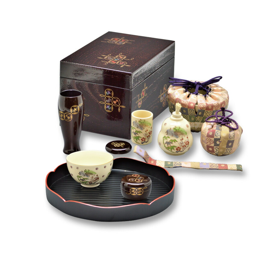 根来塗 利休茶箱揃い】【茶箱10点セット】 化粧箱入り 宝尽くし蒔絵3