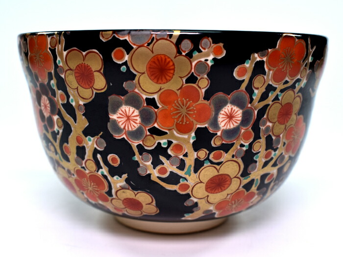 宮地英香銘 黒仁清写 梅林の絵 抹茶茶碗 在銘 茶道具 24