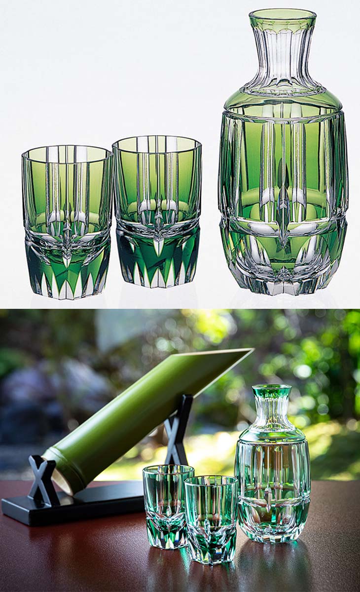 KAGAMI カガミクリスタル 江戸切子 緑切子 キャンディポット 江戸切子