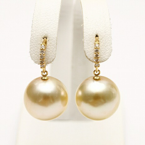 南洋白蝶真珠ピアス11mmナチュラルゴールドカラーK18製/D0.04ct