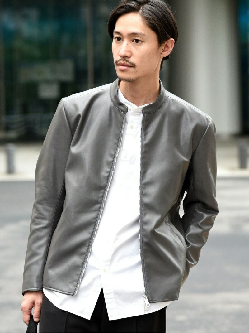 ライトグレー レザー シングルライダースジャケット