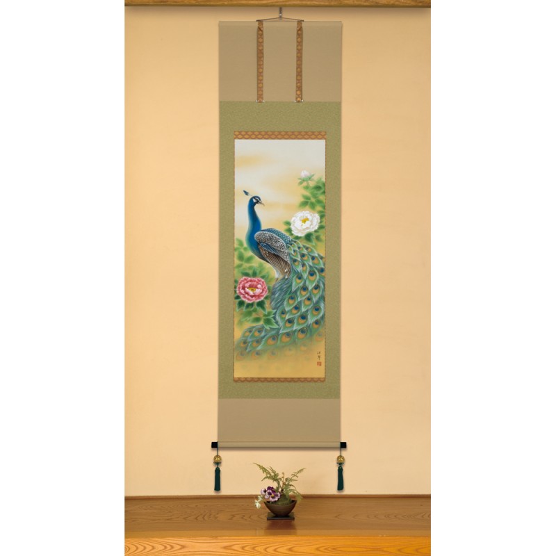 楽天市場】絹本 肉筆画 掛軸 「 富豊牡丹孔雀 」 軸寸190×60cm 西嶋深