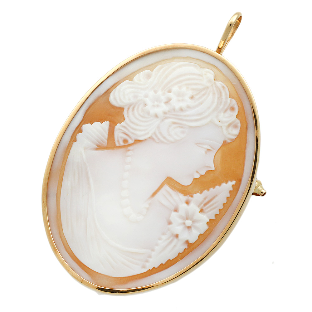 ⭐️良品⭐️K18シェルカメオブローチペンダントトップ女性横顔鳥