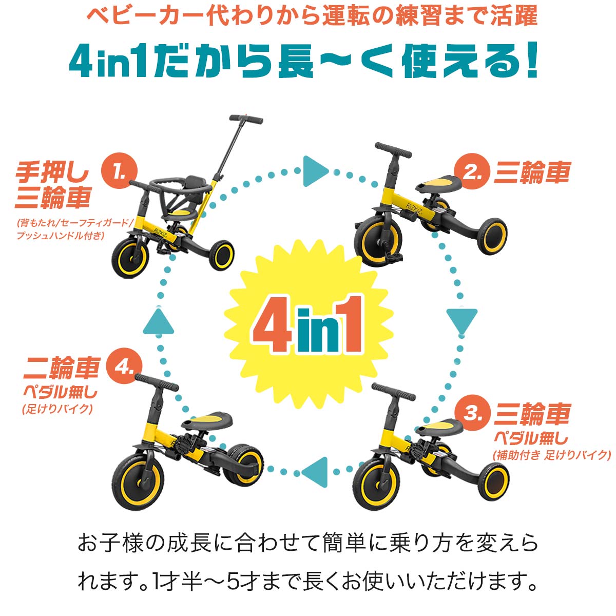子供用三輪車 ピンク4in1三輪車のりもの 押し棒付き 自転車 おもちゃ