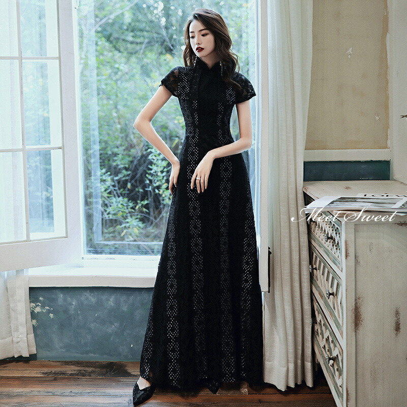 楽天市場】カラードレス ロングドレス ブラック 総レース 黒