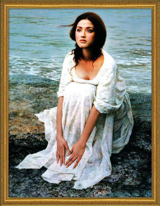 絵画 インテリア 額付（銀) 油絵 F4-052113 人物 女性像 絵画