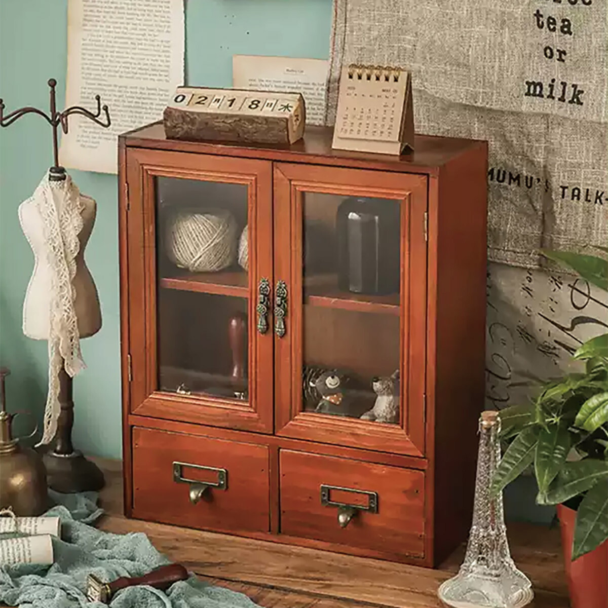 無垢材 ヴィンテージ小引き出し 2段／昭和レトロ／チェリー材／職人手