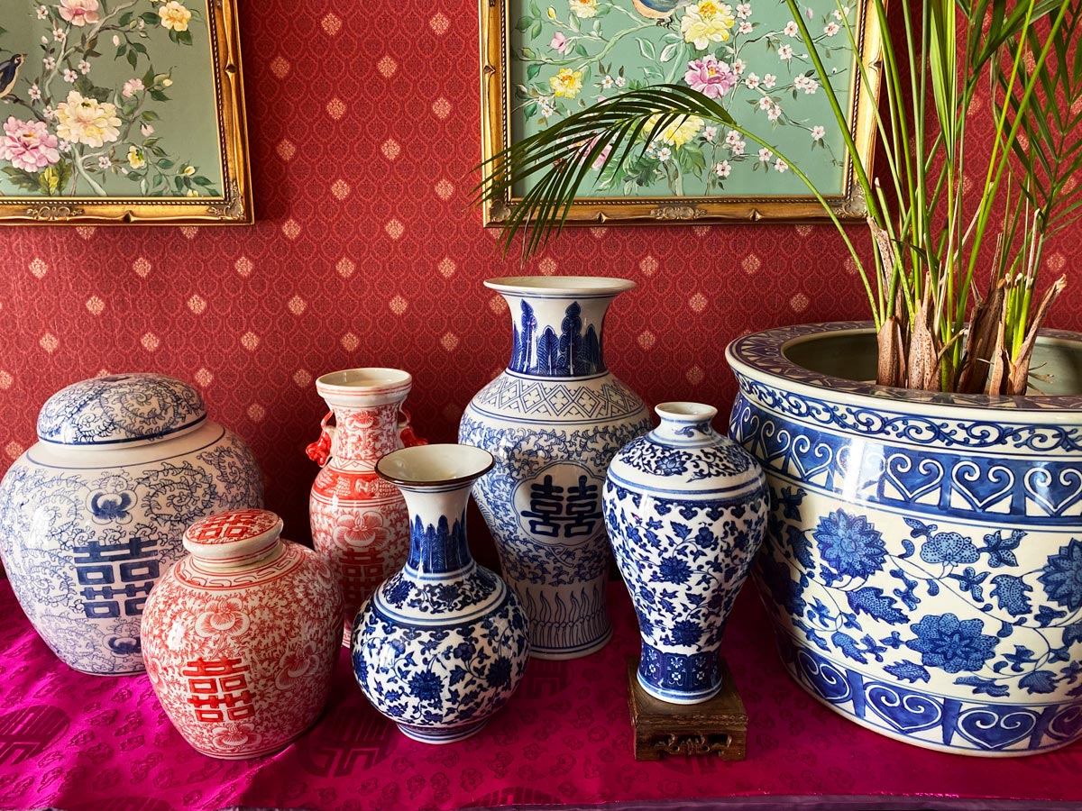 花瓶シノワズリジンジャーダブルハピネスフラワーベース壺インテリア