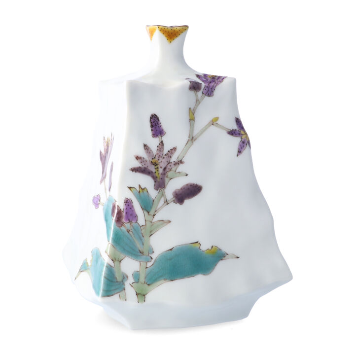 九谷焼 山田義明 在銘 花瓶 九谷焼＊山田 義明＊桜に雀 扁壺・花器