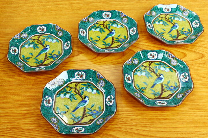 骨董 九谷焼 祝膳 金縁 手彫り 牡丹 鳥 5枚セット アンティーク 古九谷