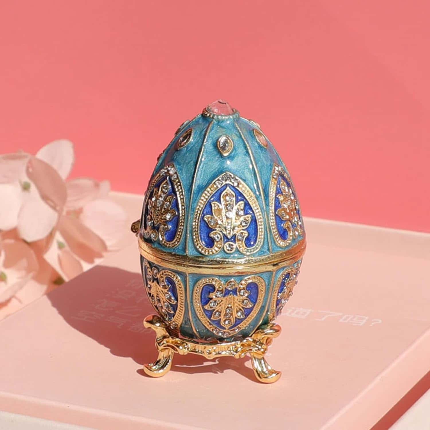 エッグ型 ガラス製 トリンケットボックス 小物入れ アンティーク 金彩