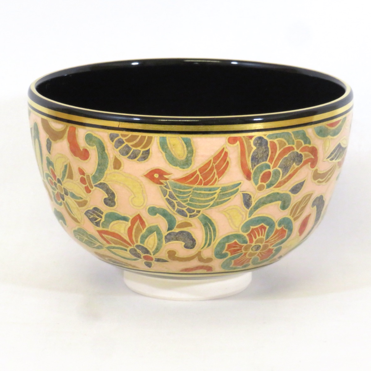 宮川香雲作 竜谷焼 色絵 花図 茶碗 共箱 共布 栞付 茶道具 宮川香雲作