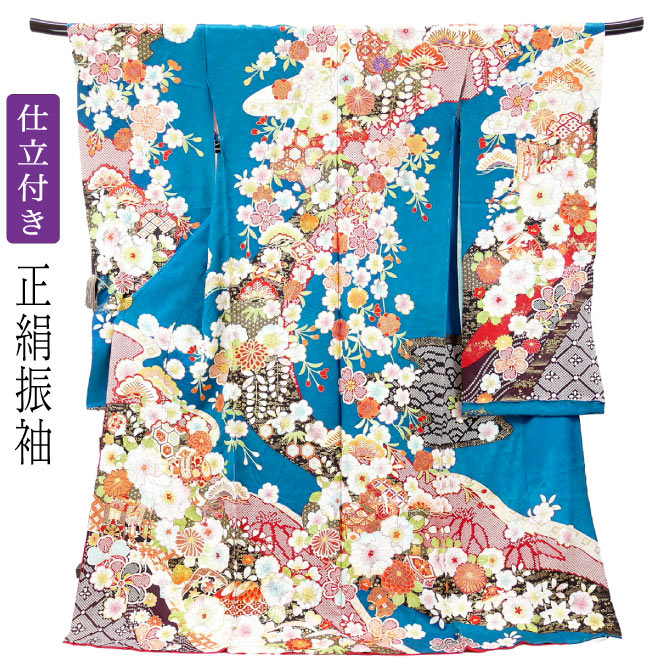 387 振袖フルセット 正絹 深緑 グリーン 金彩 暈し染め ゆったり XL