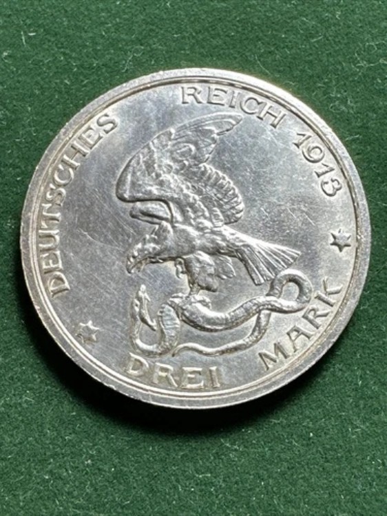 1913年 ドイツ帝国/プロイセン、ヴィルヘルム2世 銀貨 3マルク 1913年
