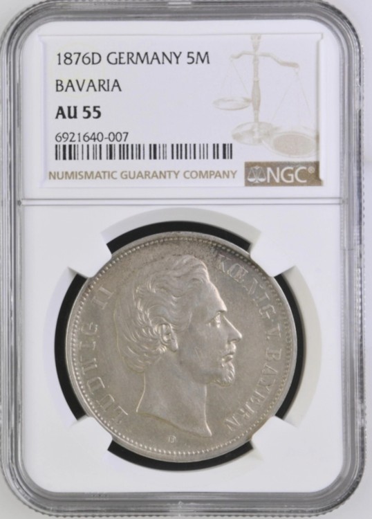 ドイツ バイエルン ルートヴィヒ2世 1876-D 5マルク銀貨、NGC認定 AU55